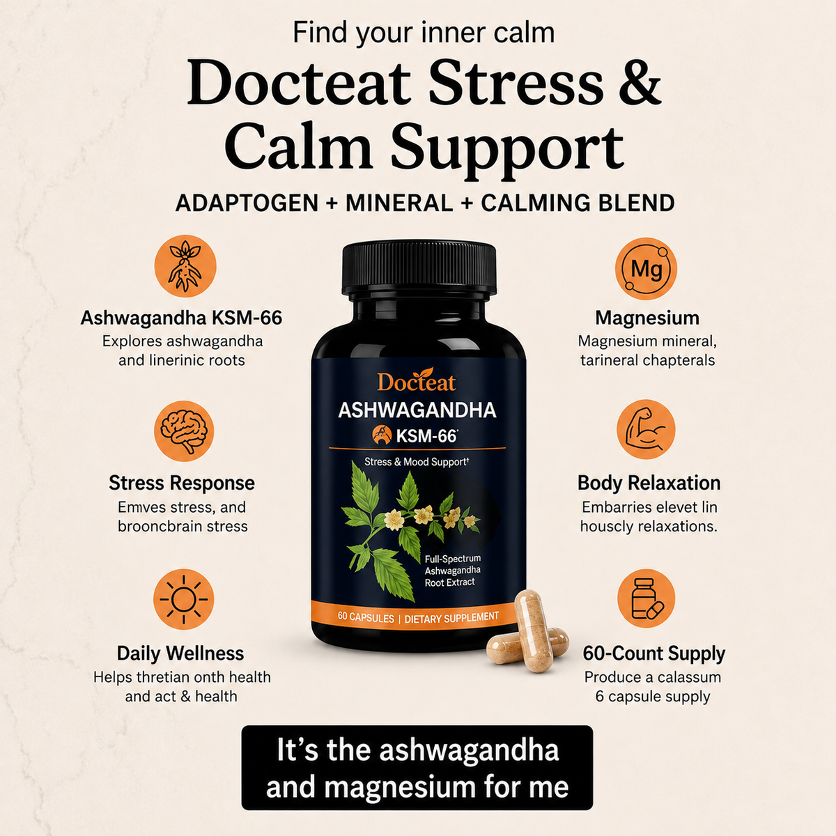 Ashwagandha & Magnesium Supplement – Stress & Calm Support (60ct)