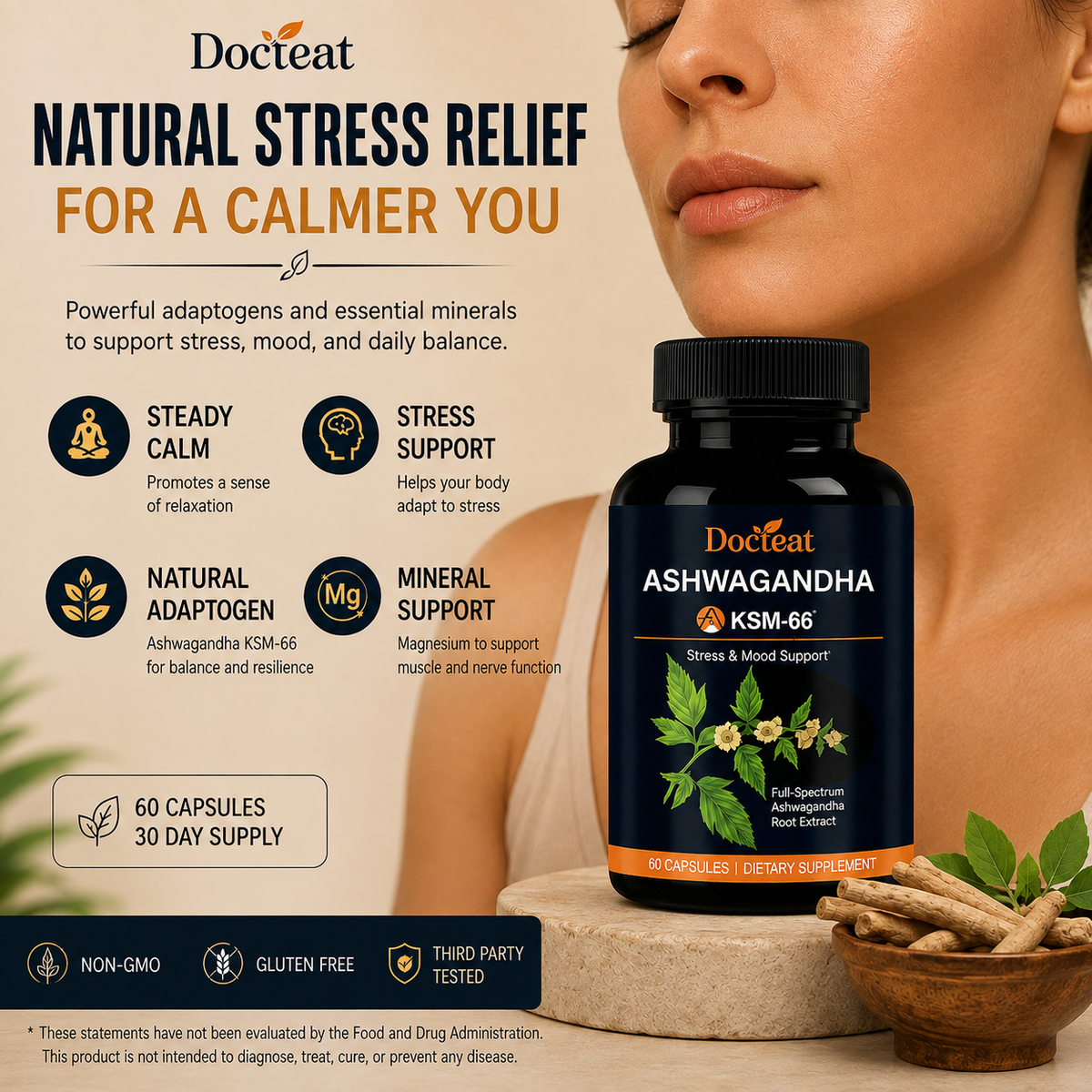 Ashwagandha & Magnesium Supplement – Stress & Calm Support (60ct)