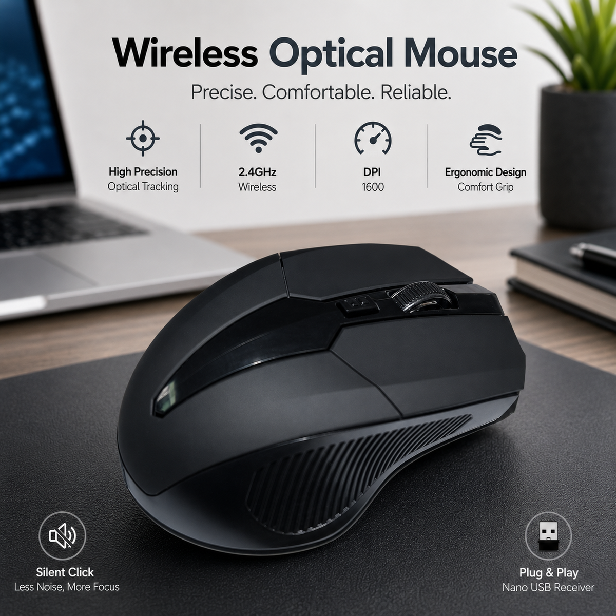 Wireless Optical Mouse – 1600 DPI 2.4GHz Computer Mouse