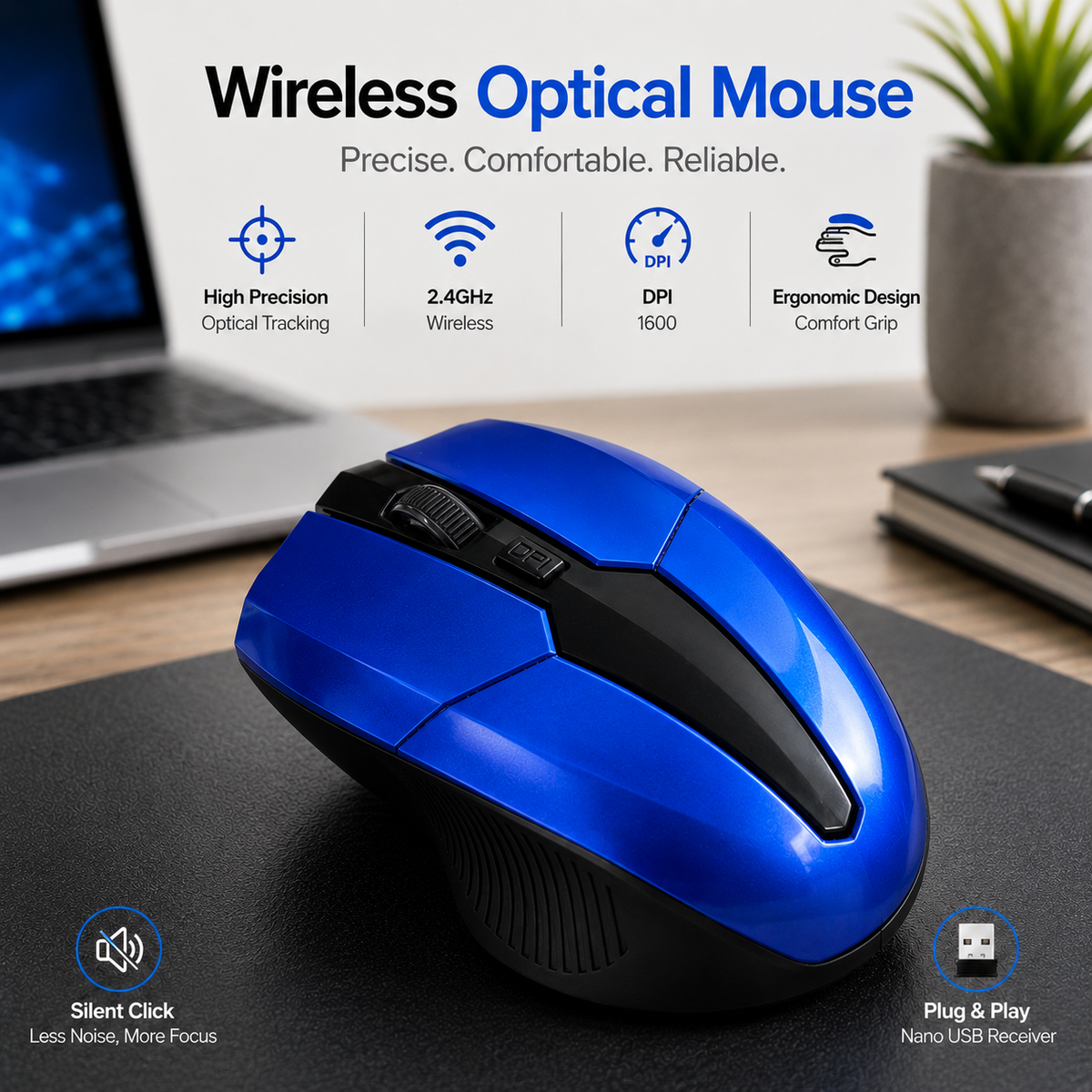 Wireless Optical Mouse – 1600 DPI 2.4GHz Computer Mouse
