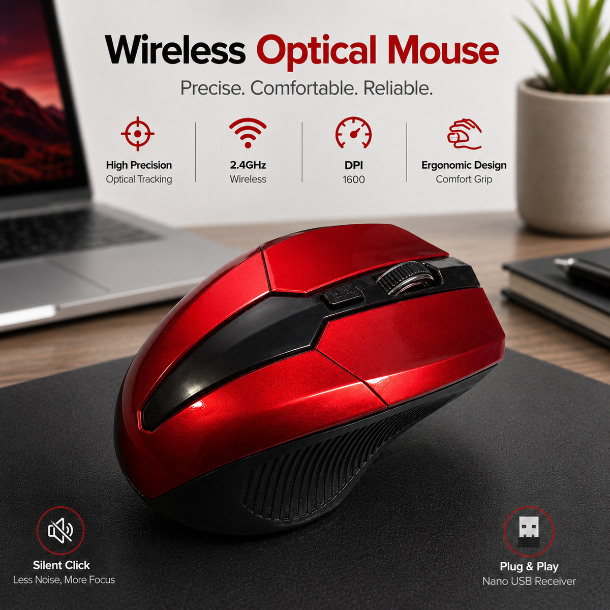 Wireless Optical Mouse – 1600 DPI 2.4GHz Computer Mouse