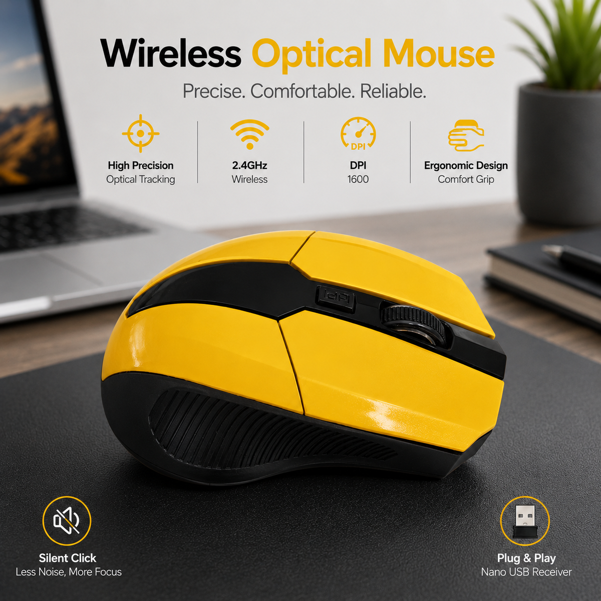 Wireless Optical Mouse – 1600 DPI 2.4GHz Computer Mouse