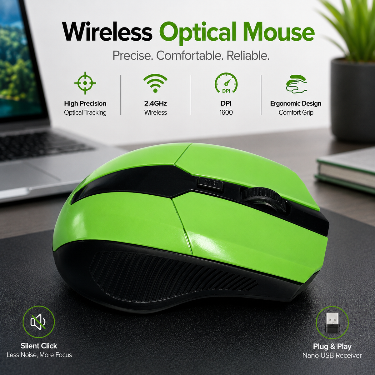 Wireless Optical Mouse – 1600 DPI 2.4GHz Computer Mouse