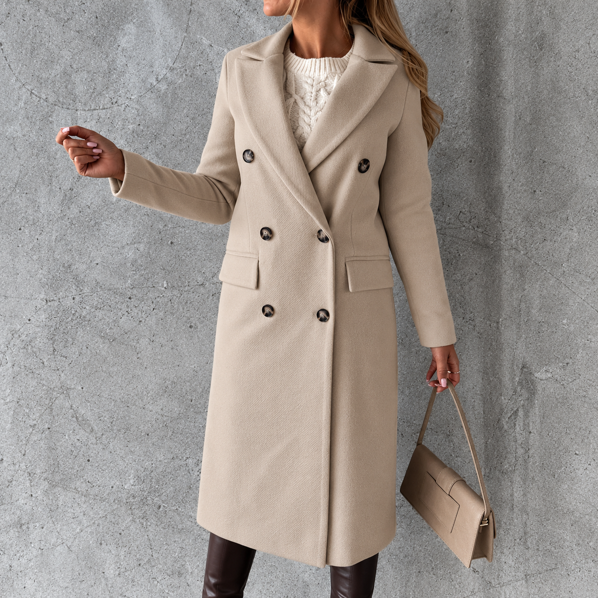Double-breasted lapel coat, winter fashion, solid color, slim fit, long jacket, long-sleeved top, women's clothing