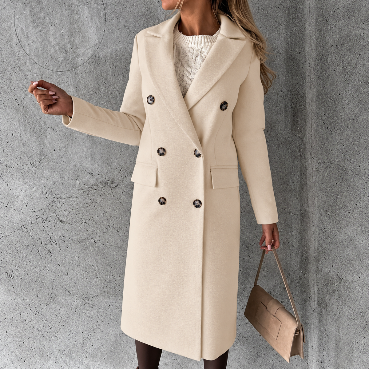 Double-breasted lapel coat, winter fashion, solid color, slim fit, long jacket, long-sleeved top, women's clothing