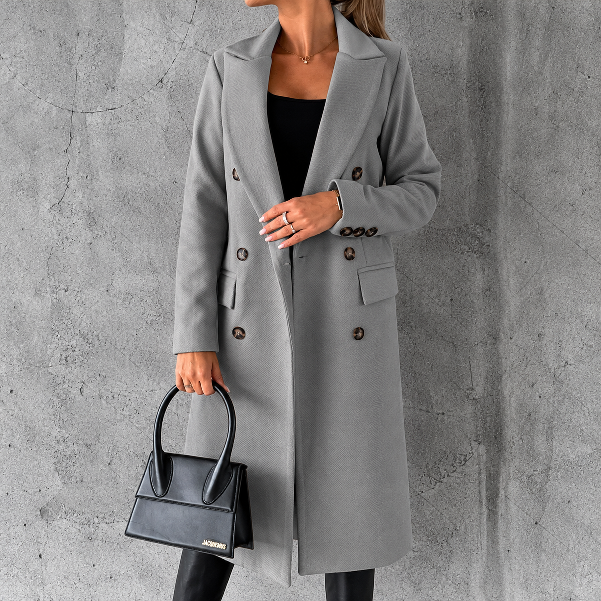 Double-breasted lapel coat, winter fashion, solid color, slim fit, long jacket, long-sleeved top, women's clothing