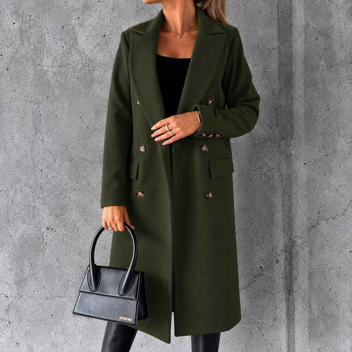 Double-breasted lapel coat, winter fashion, solid color, slim fit, long jacket, long-sleeved top, women's clothing