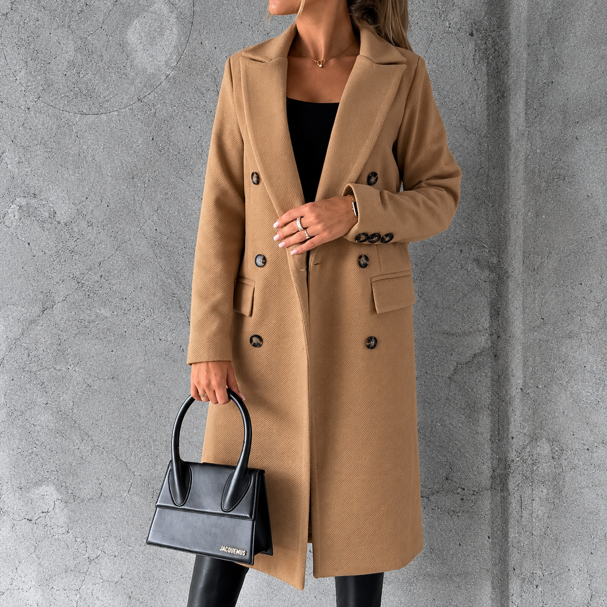 Double-breasted lapel coat, winter fashion, solid color, slim fit, long jacket, long-sleeved top, women's clothing