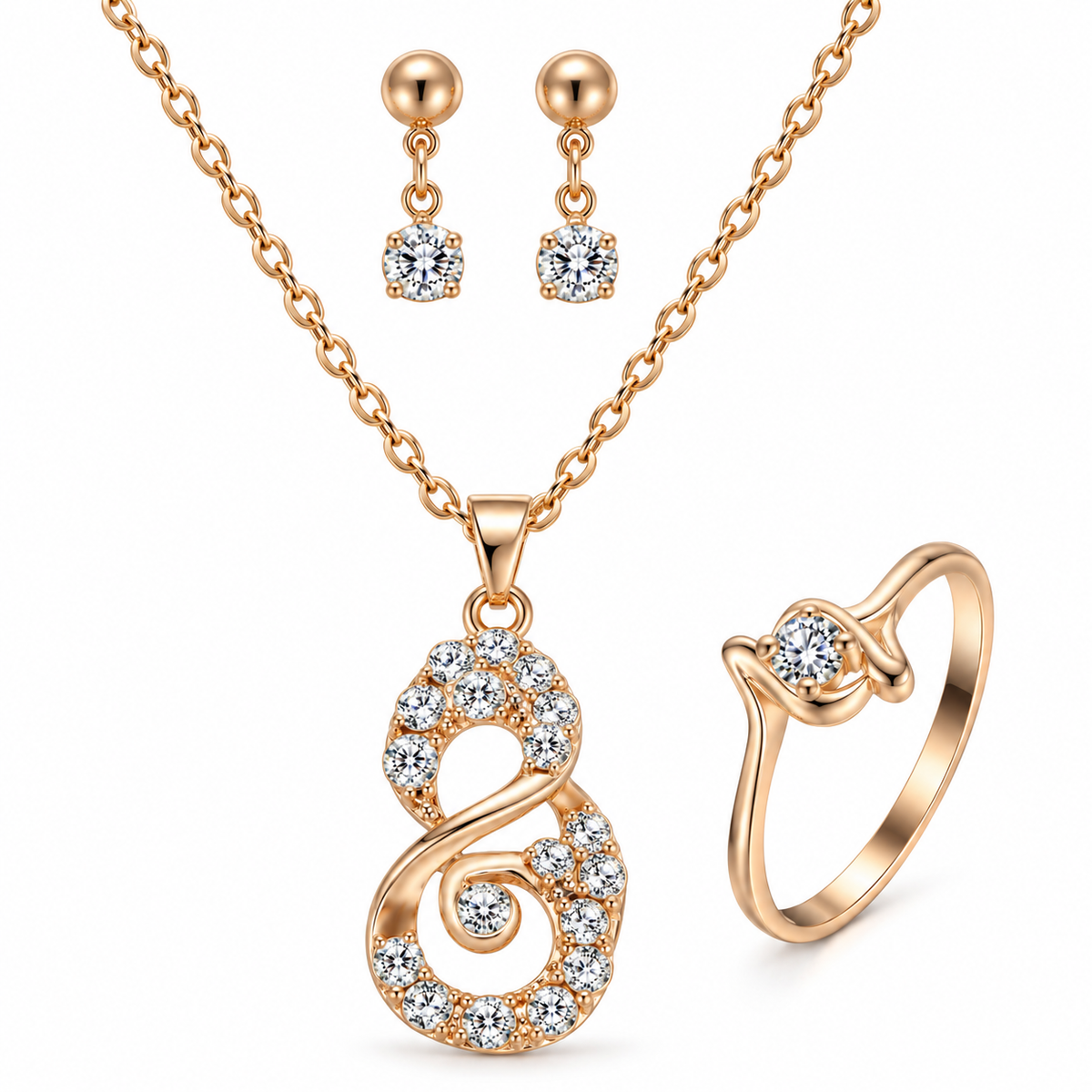 Heart Jewelry Set – Rhinestone Necklace, Earrings & Ring