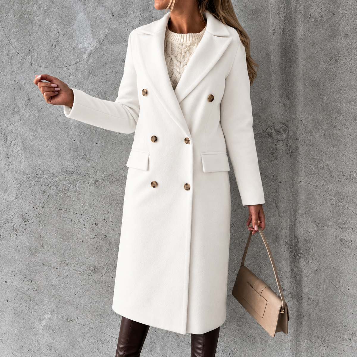 Double-breasted lapel coat, winter fashion, solid color, slim fit, long jacket, long-sleeved top, women's clothing