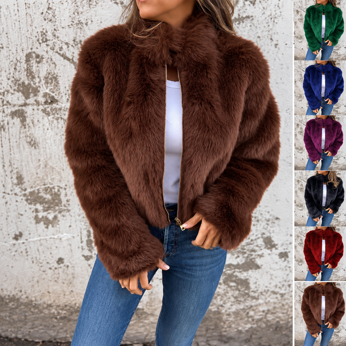 Fashion Stand Collar Plush Jacket Winter Casual Turtleneck Zipper Coat Fleece Tops Women's Clothing