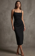 Pleated Cami Dress – Waist-Cinching Side-Slit Midi Dress