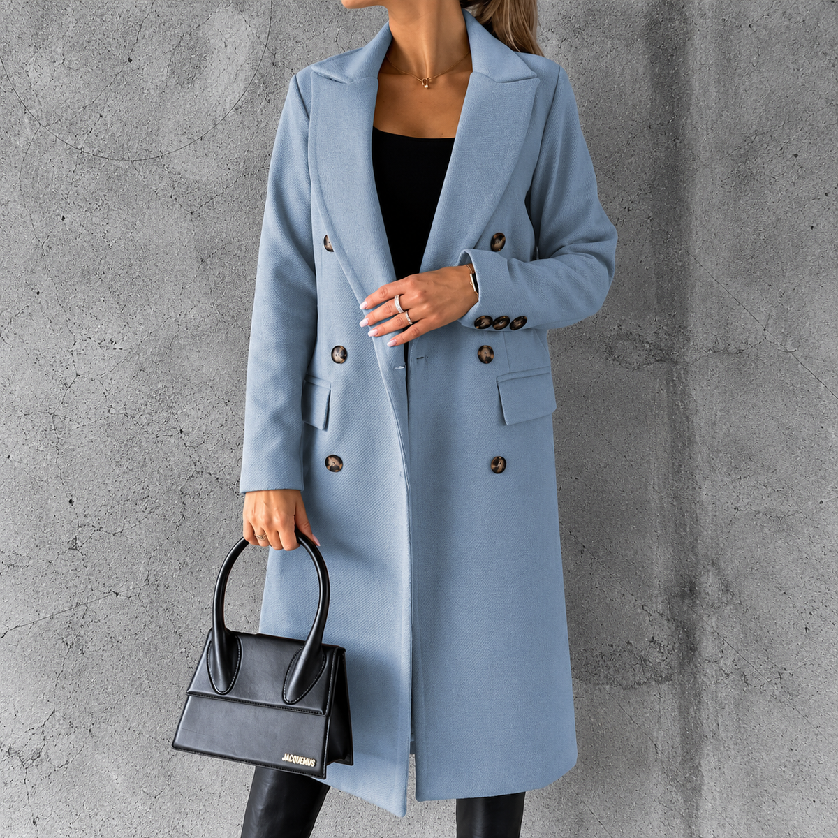 Double-breasted lapel coat, winter fashion, solid color, slim fit, long jacket, long-sleeved top, women's clothing