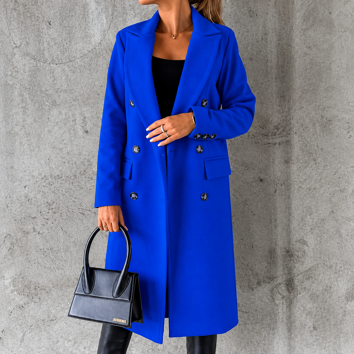 Double-breasted lapel coat, winter fashion, solid color, slim fit, long jacket, long-sleeved top, women's clothing