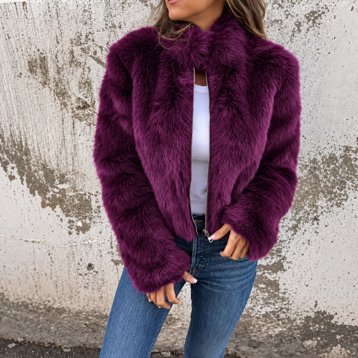Fashion Stand Collar Plush Jacket Winter Casual Turtleneck Zipper Coat Fleece Tops Women's Clothing