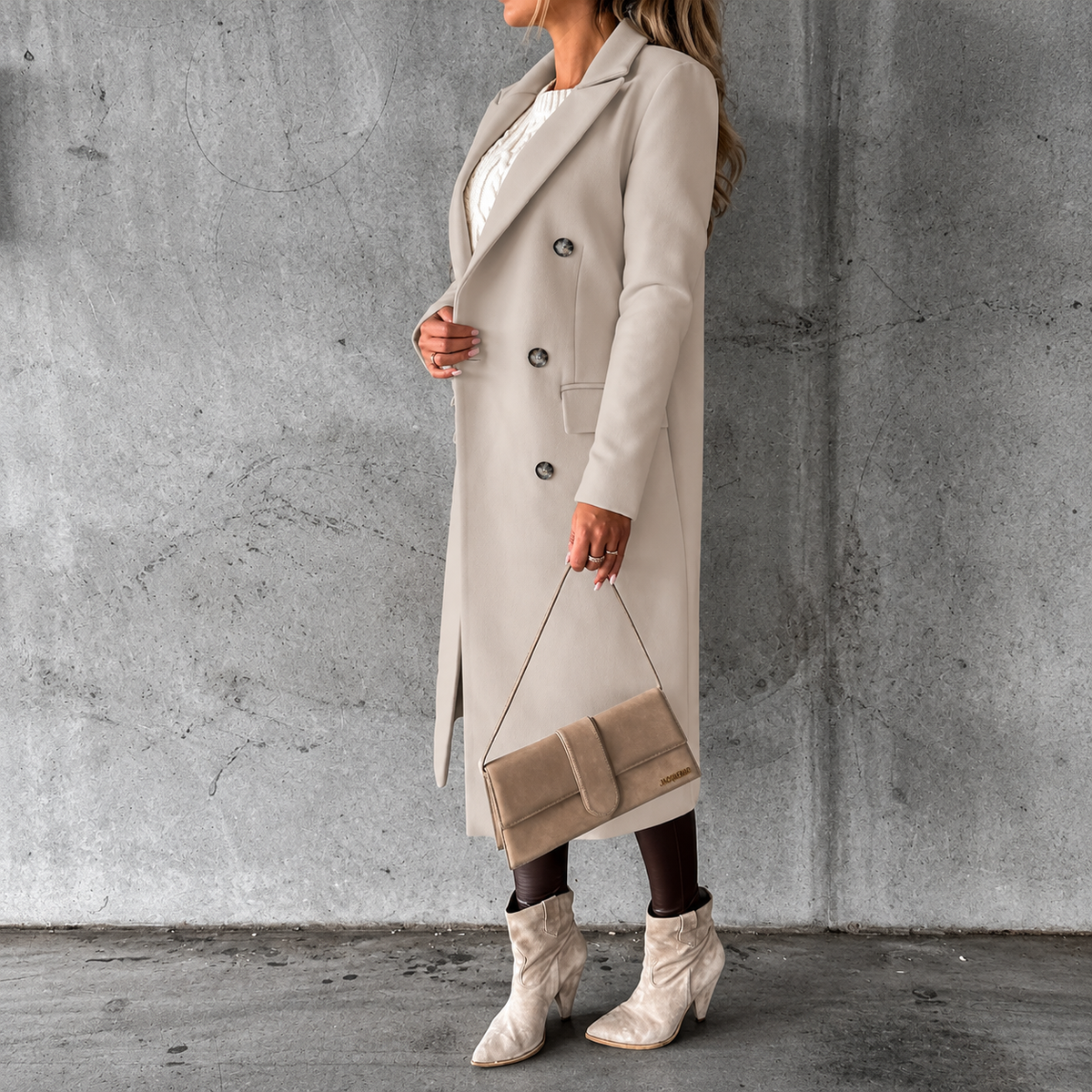 Double-breasted lapel coat, winter fashion, solid color, slim fit, long jacket, long-sleeved top, women's clothing