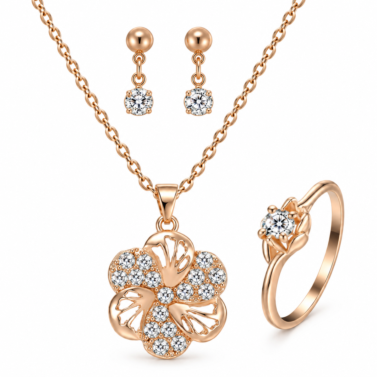 Heart Jewelry Set – Rhinestone Necklace, Earrings & Ring