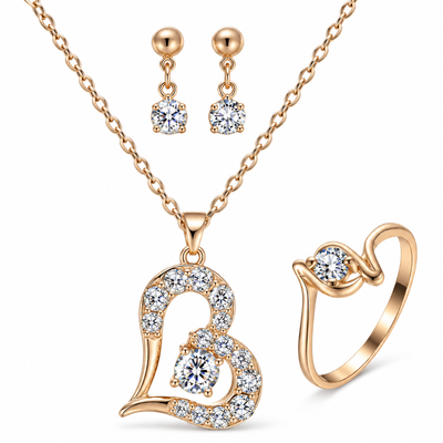 Heart Jewelry Set – Rhinestone Necklace, Earrings & Ring