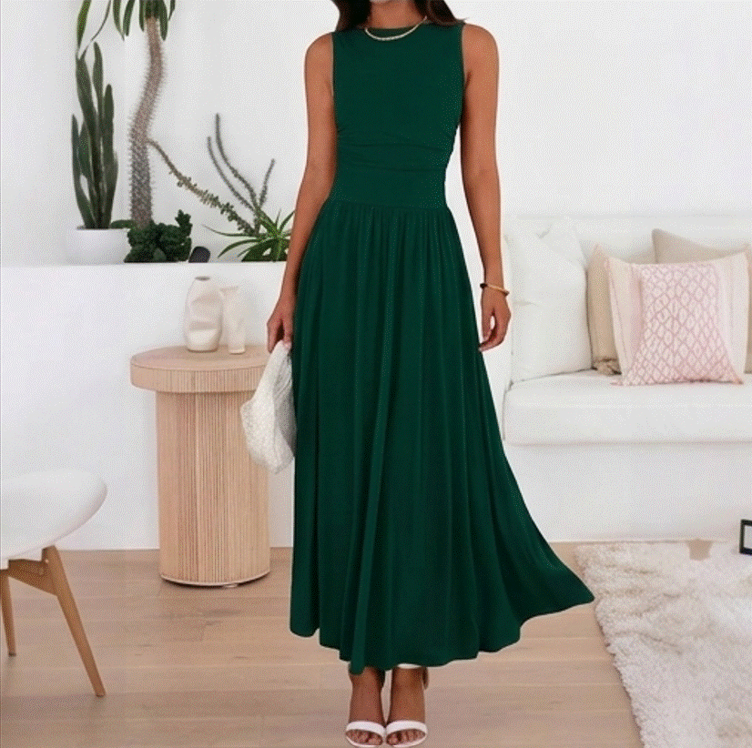 Pleated Pocket Maxi Dress – Sleeveless Long Dress