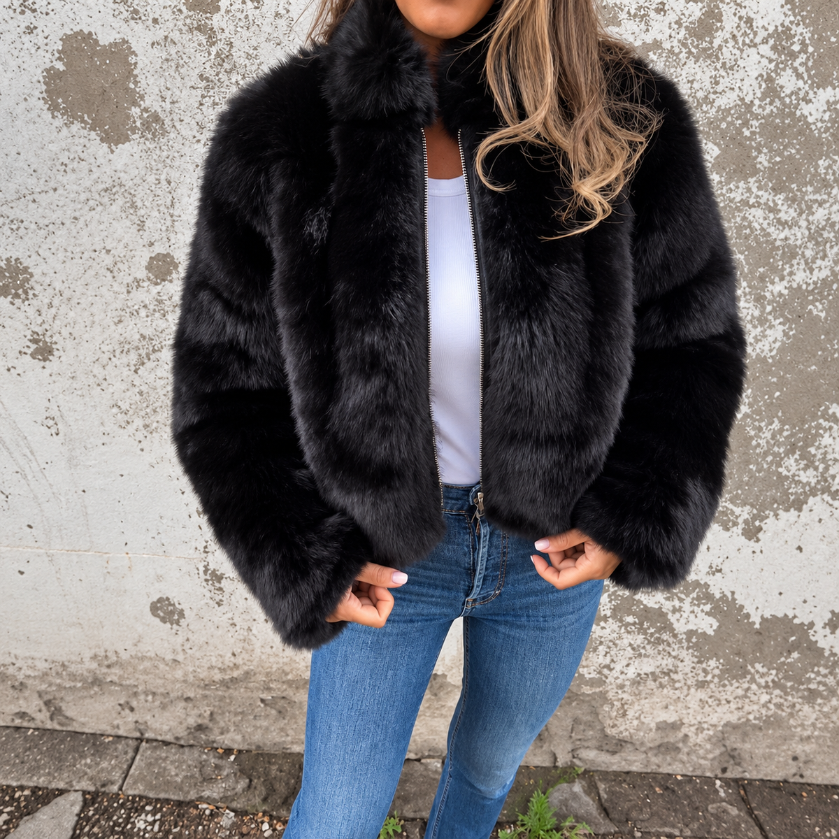 Fashion Stand Collar Plush Jacket Winter Casual Turtleneck Zipper Coat Fleece Tops Women's Clothing