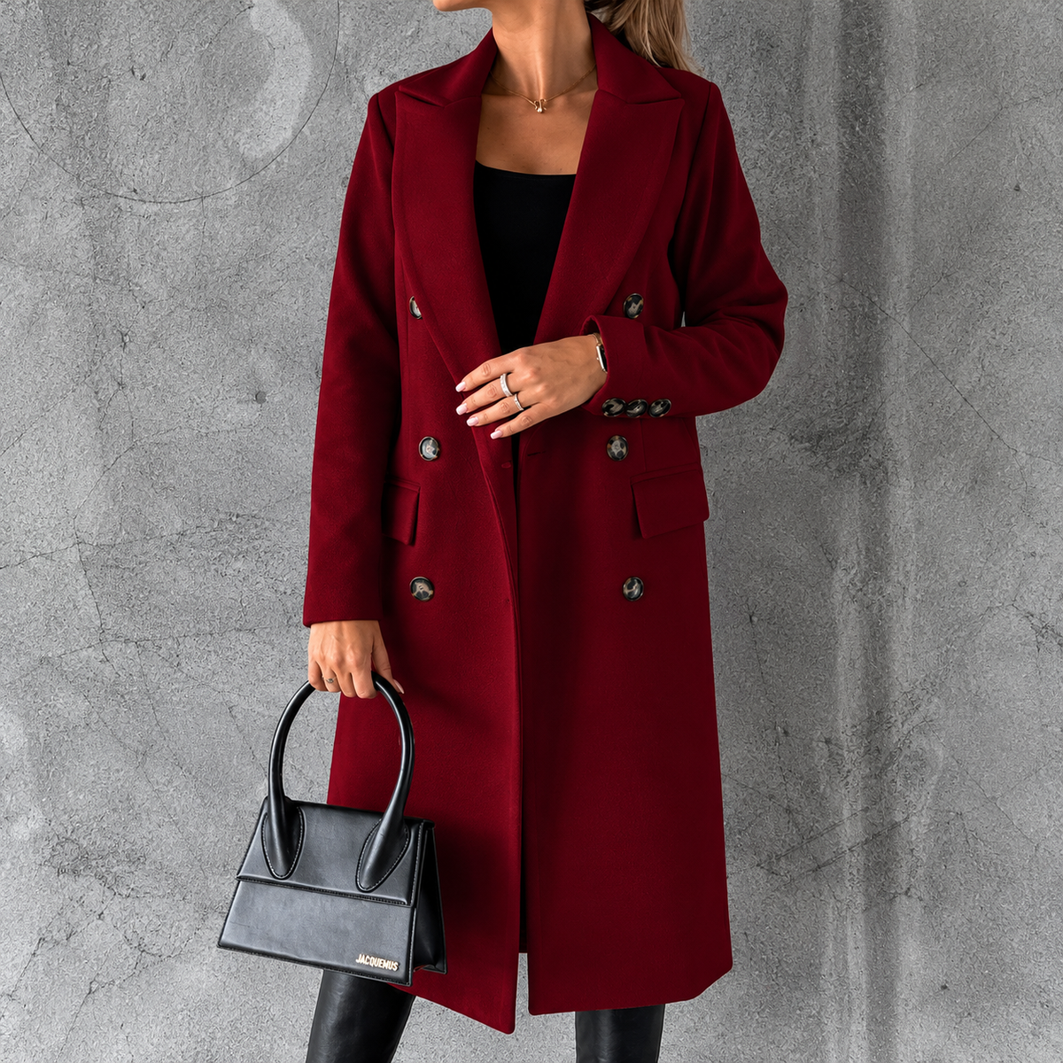 Double-breasted lapel coat, winter fashion, solid color, slim fit, long jacket, long-sleeved top, women's clothing