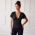 French V-Neck Top – Pleated Waist-Cinching Short-Sleeve Top