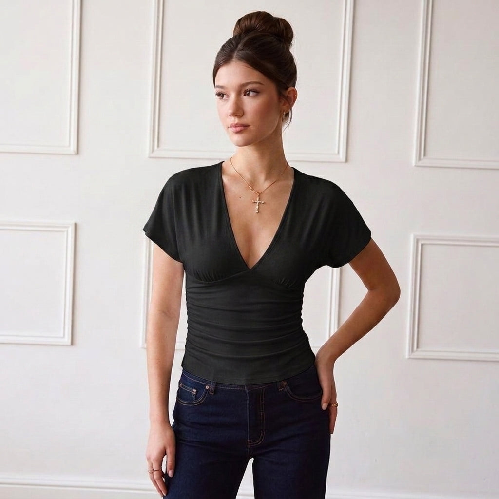 French V-Neck Top – Pleated Waist-Cinching Short-Sleeve Top