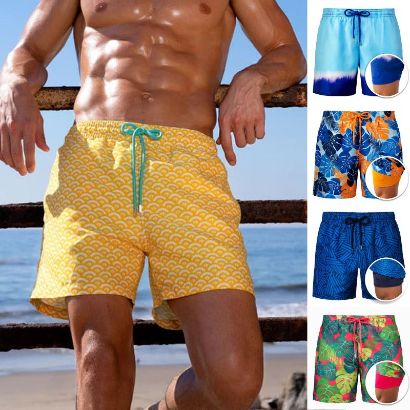 Men's printed double-layer summer beach shorts