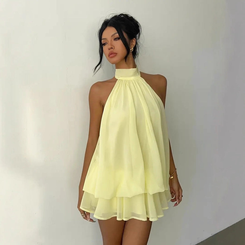 Halter Chiffon Dress – Backless Solid-Color A-Line Dress