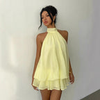 Halter Chiffon Dress – Backless Solid-Color A-Line Dress