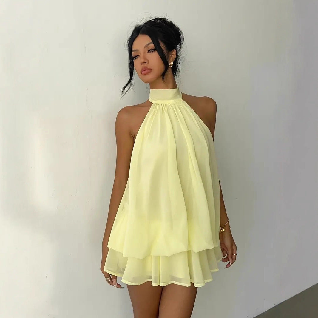 Halter Chiffon Dress – Backless Solid-Color A-Line Dress