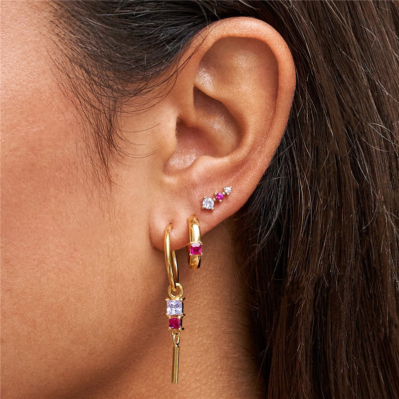 Three-piece zircon geometric earrings set