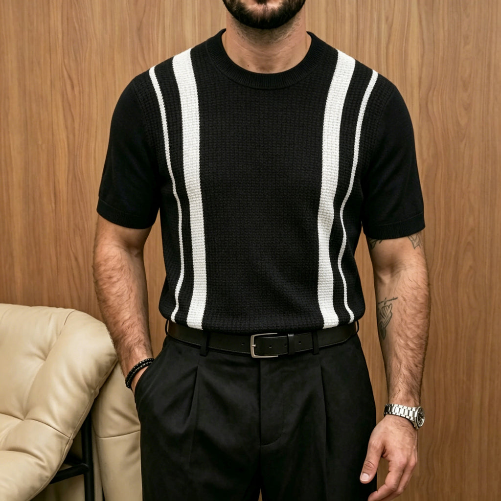 Men's ice-silk striped crew-neck knit T-shirt