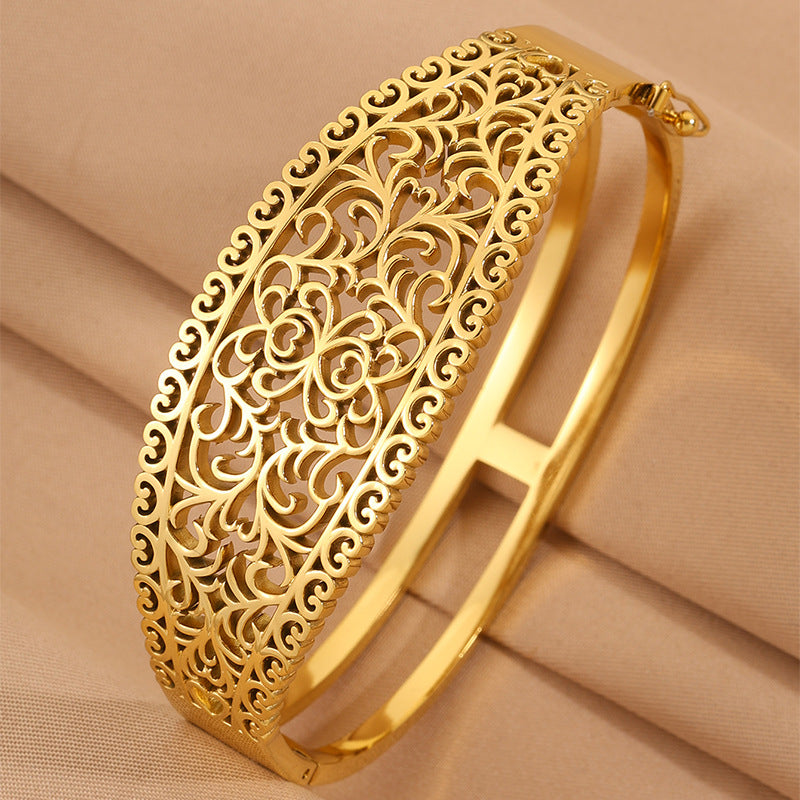 Gold Bangle Bracelet – Titanium Steel Hollow Carved Cuff