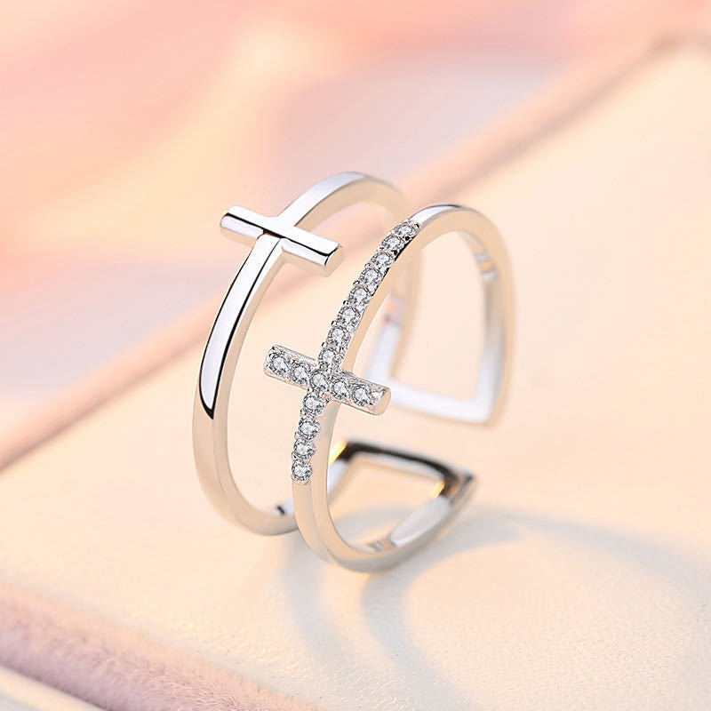 Zircon-inlaid adjustable double cross ring