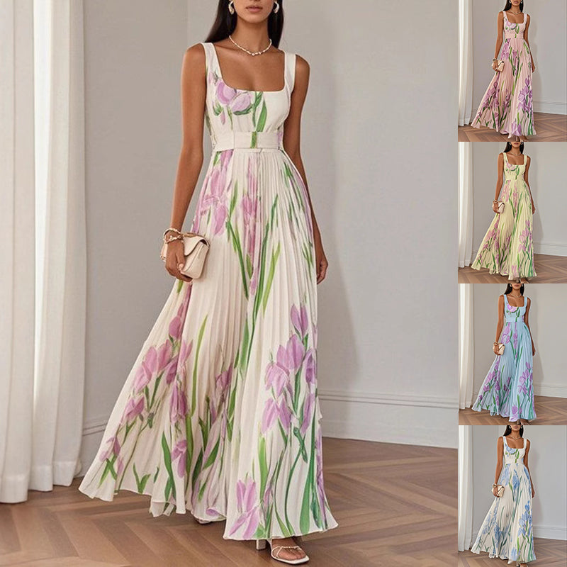 Sleeveless floral pleated A-line summer midi dress