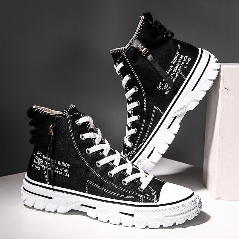Breathable thick-sole high-top canvas sneakers