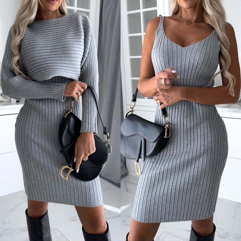 Striped long-sleeve top and slip skirt two-piece set