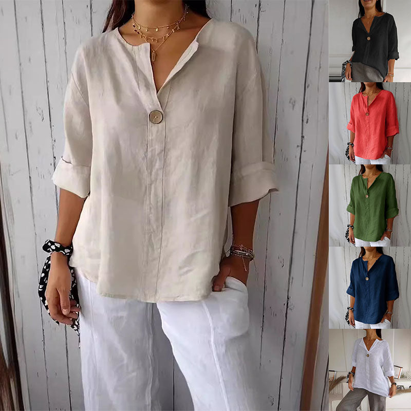 Loose button long-sleeve V-neck cotton linen top