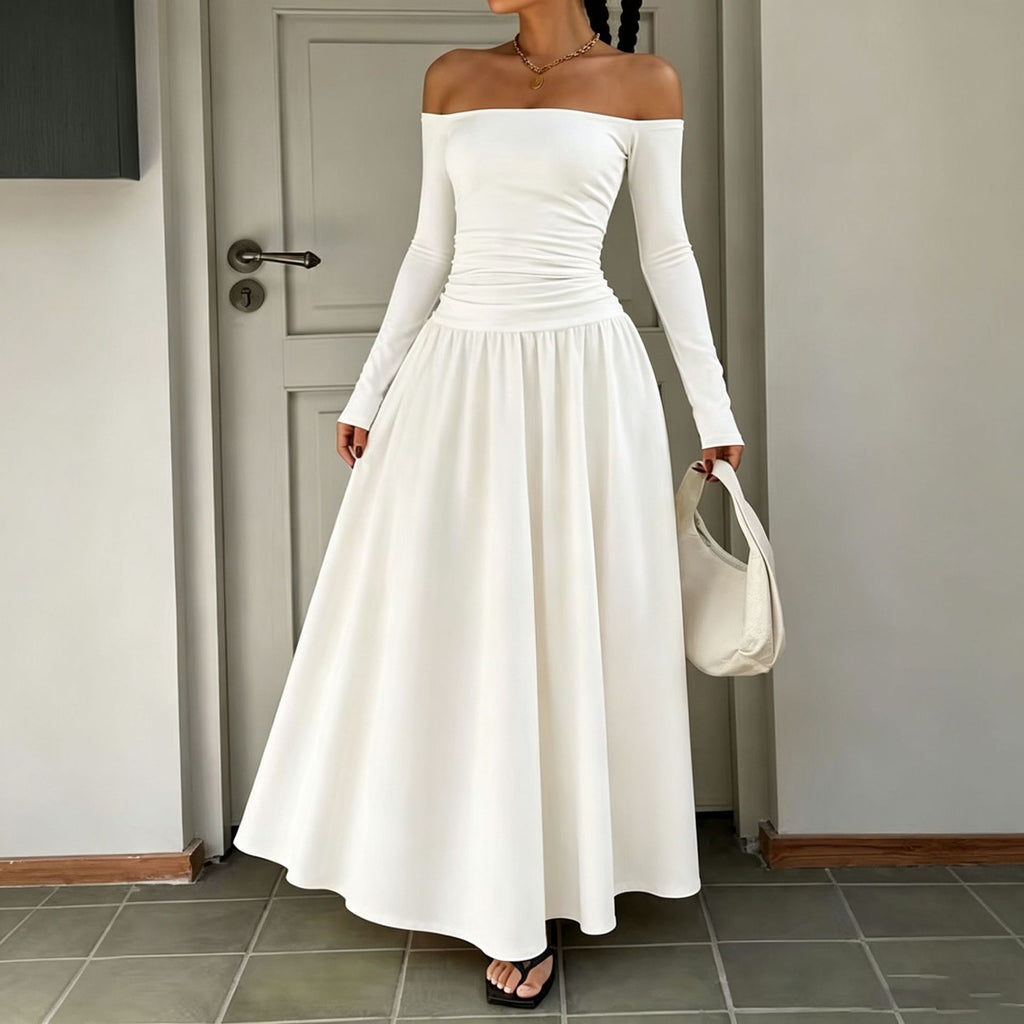 Waist-cinching long-sleeve off-shoulder boat-neck maxi dress