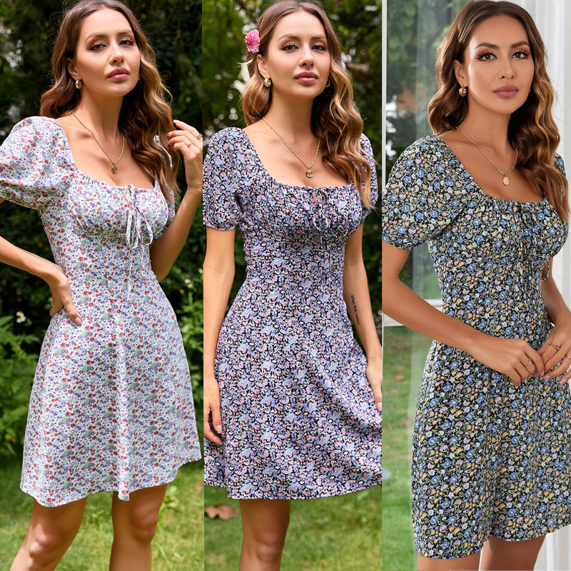 Floral Square-Neck Dress – Chiffon A-Line Summer Midi Dress by OEM