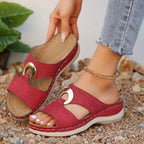 Leather Wedge Sandals – Perforated Buckle Slip-On Sandals by OEM