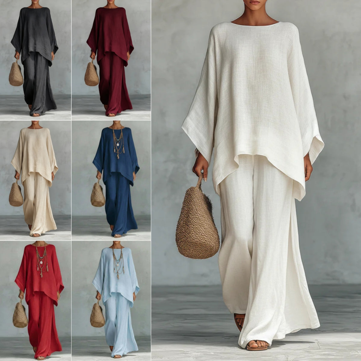 Long-sleeve top and wide-leg pants two-piece set