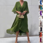 Tie-waist irregular batwing V-neck summer maxi dress