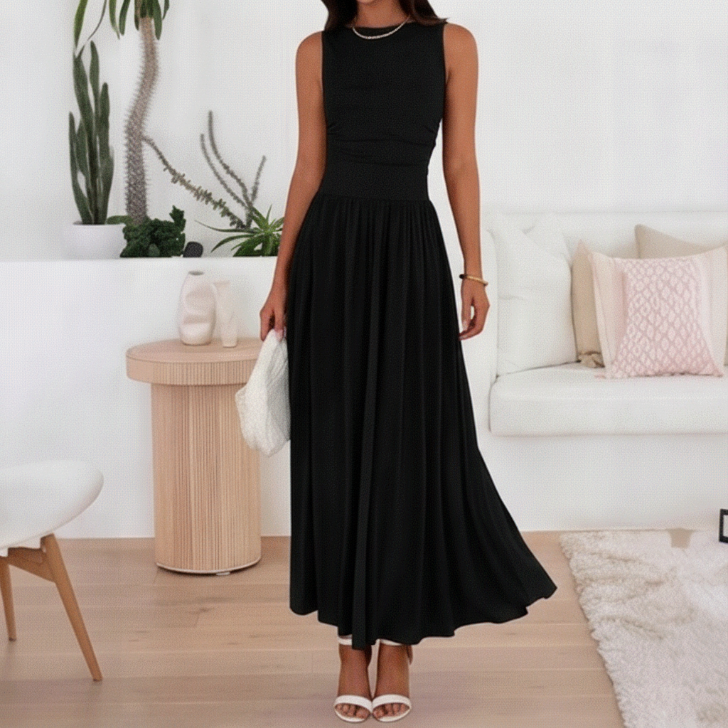 Pleated Pocket Maxi Dress – Sleeveless Long Dress