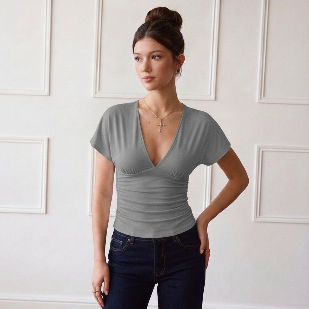 French V-Neck Top – Pleated Waist-Cinching Short-Sleeve Top