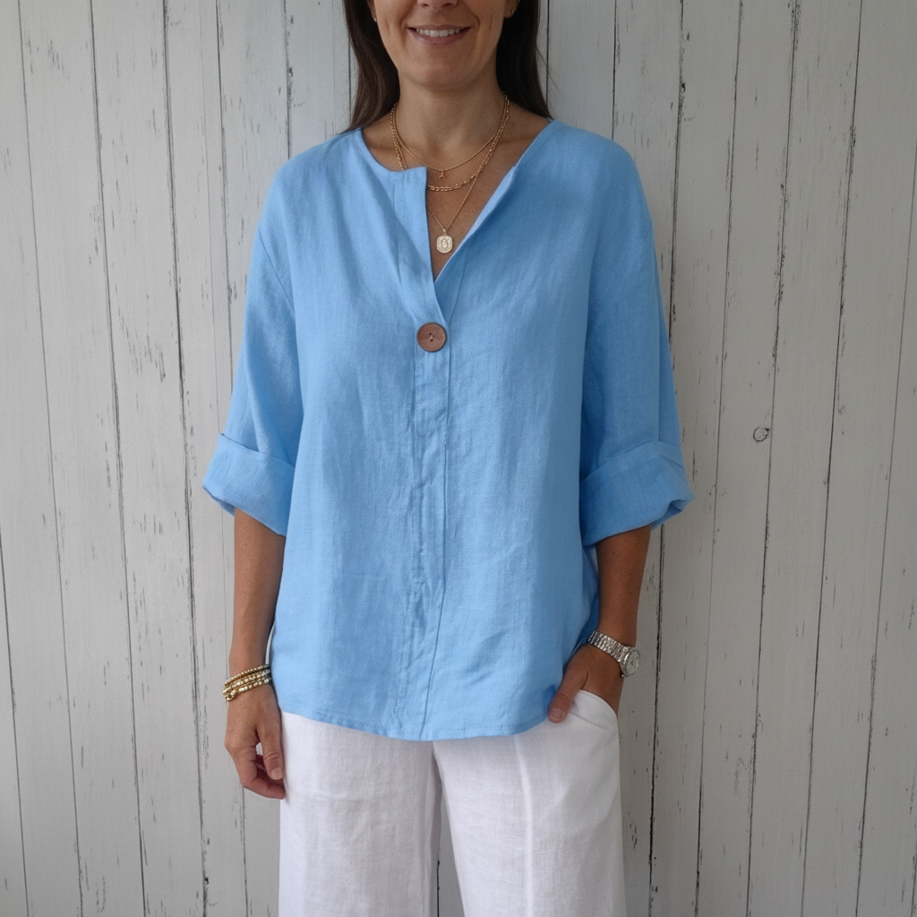 V-Neck Cotton Linen Top – Loose Button Long-Sleeve Shirt