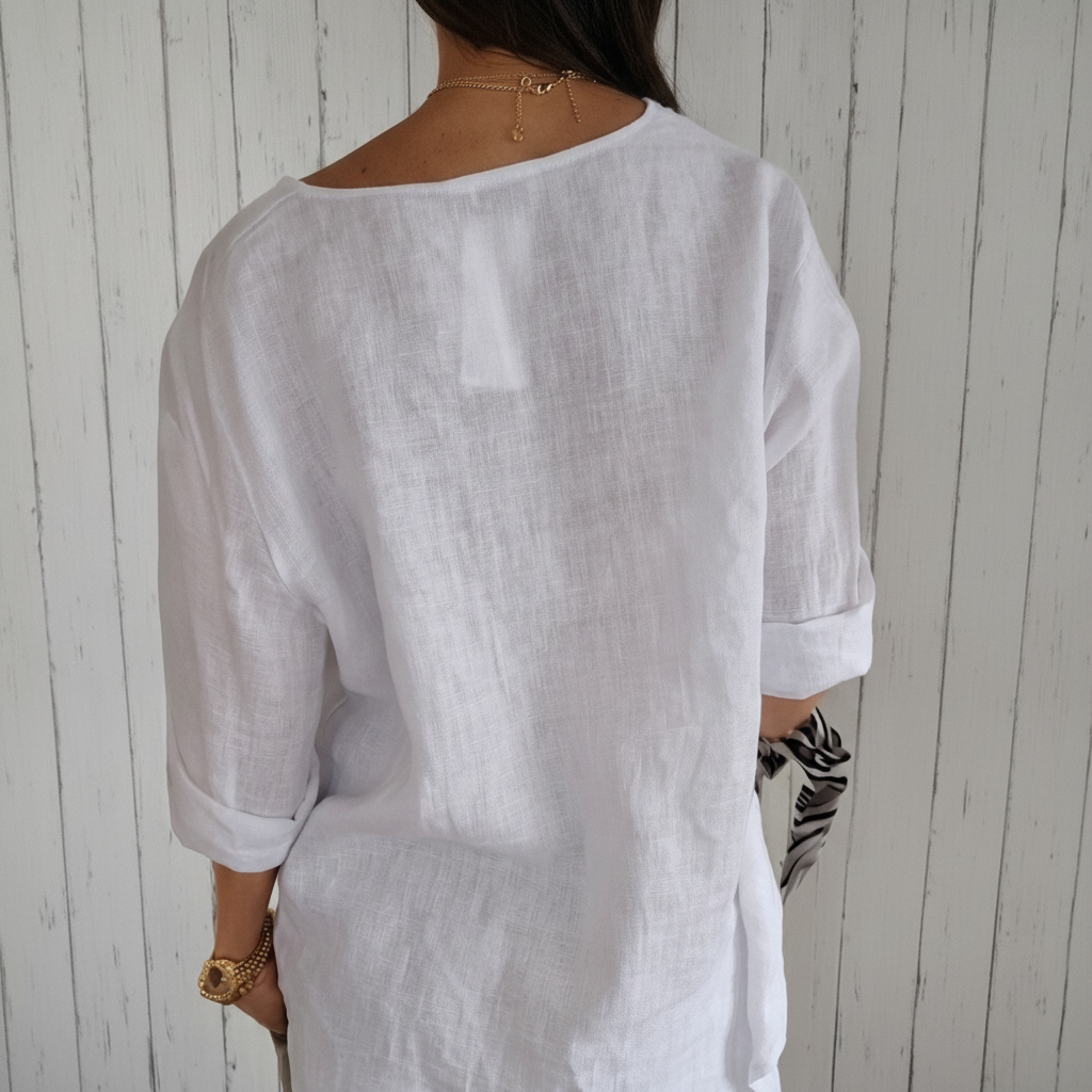 V-Neck Cotton Linen Top – Loose Button Long-Sleeve Shirt